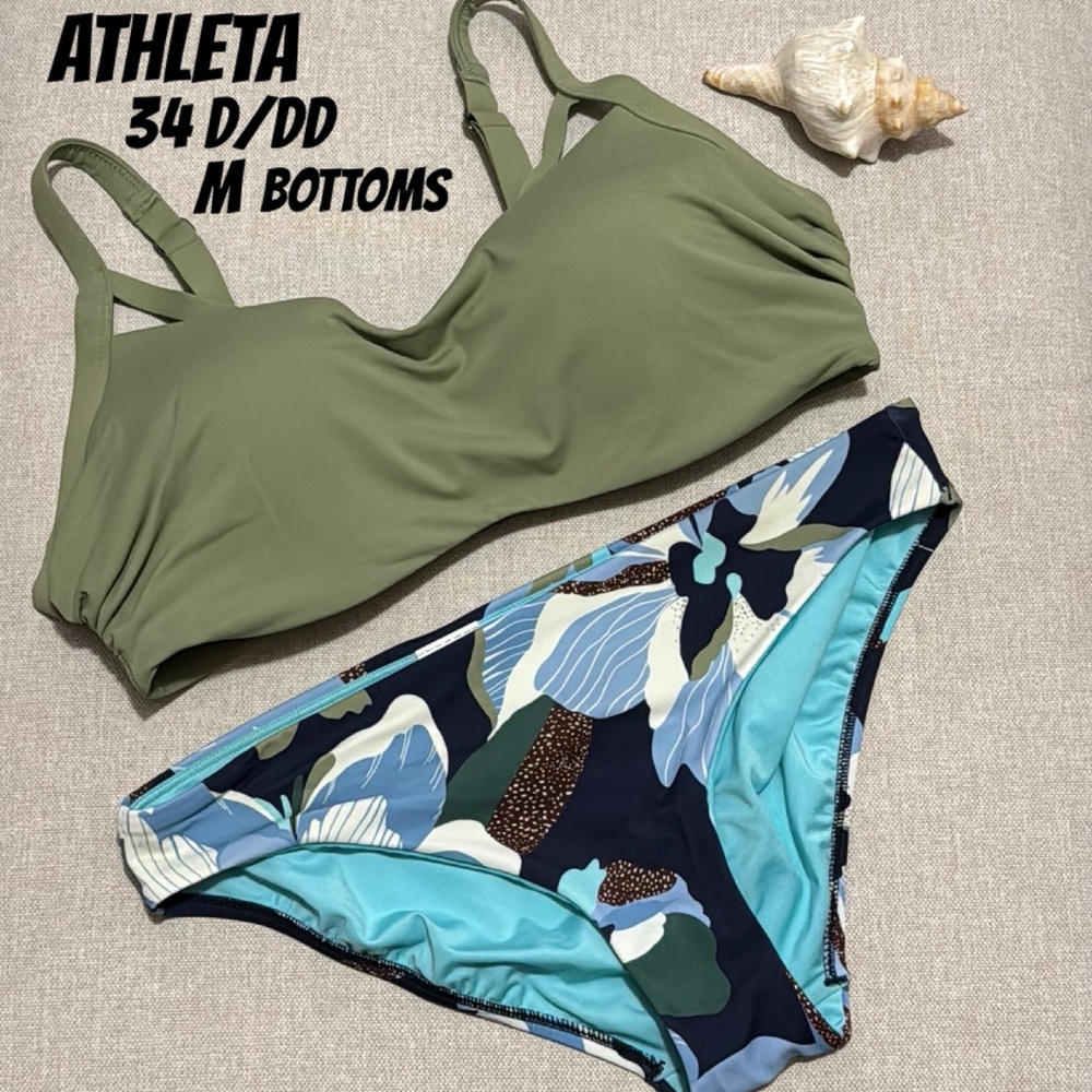 Athleta Palm Swim Top & Bottoms-34D/DD with M Bottoms-Moss Green/Blue Bottoms